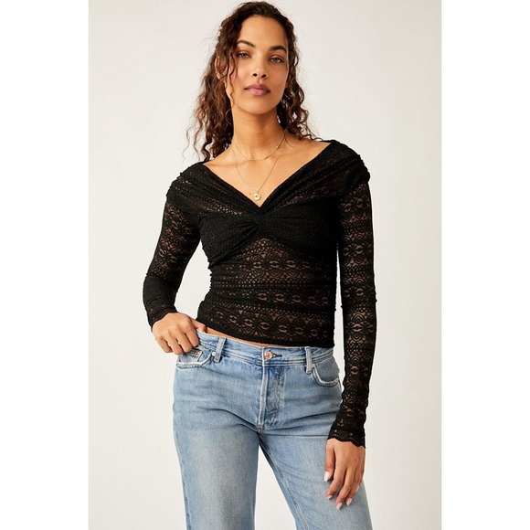 Free People Tops - Free People Hold Me Closer Top Black Lace V-Neck Long Sleeve Shirt Large NWT NEW